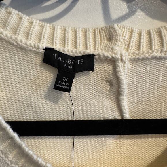 New Talbots Knitted Top White Cream Ribbed Hem Back Button Short Sleeve Sz 1X - Picture 3 of 7